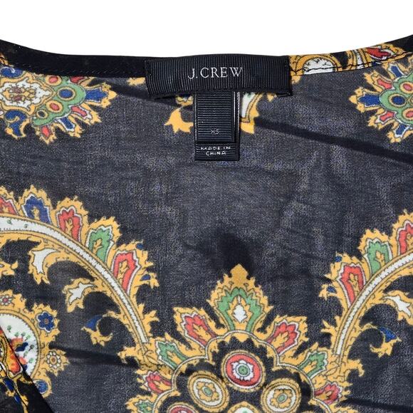J. Crew Sheer Short Sleeve V-Neck Tie Front Accent Blouse Black & Patterned XS - Picture 3 of 7